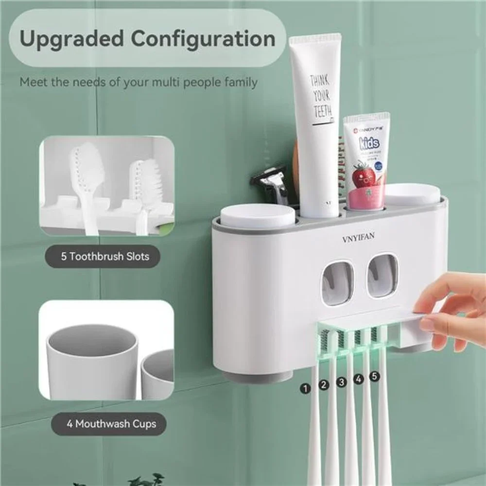 Toothbrush Holders with Toothpaste Dispenser Wall Mounted for Bathroom-4 Cups